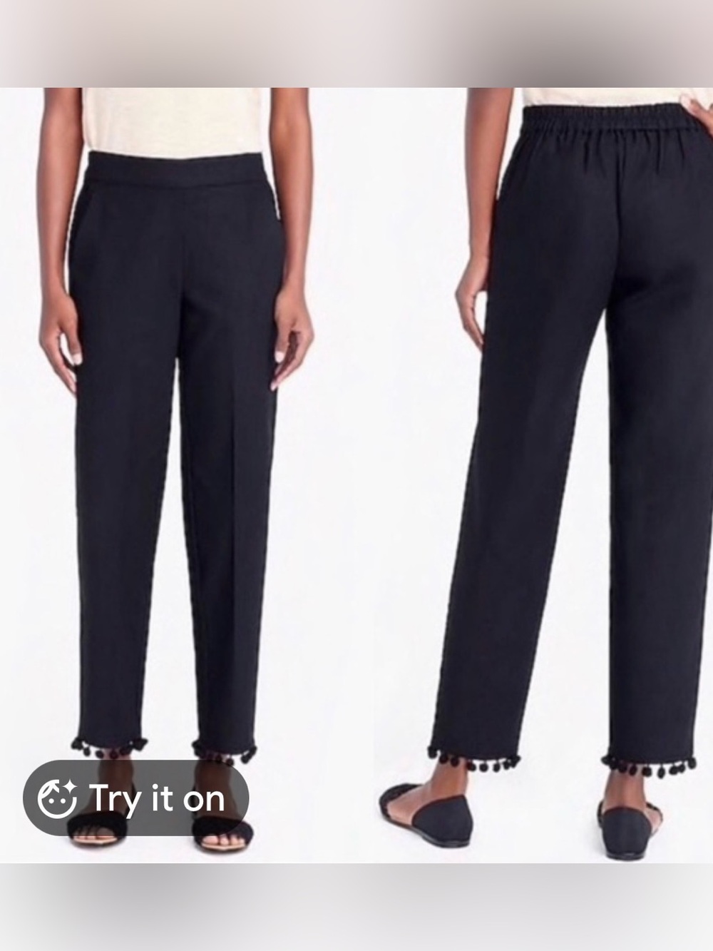 🩷 J. Crew Black Pom-Pom trimmed pants size 6 Super cute elastic waist EUC 🩷